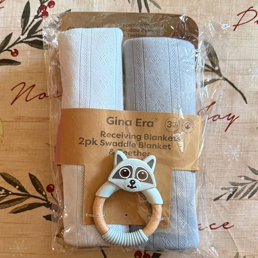 White and Gray Swaddle Blanket Set with Teether